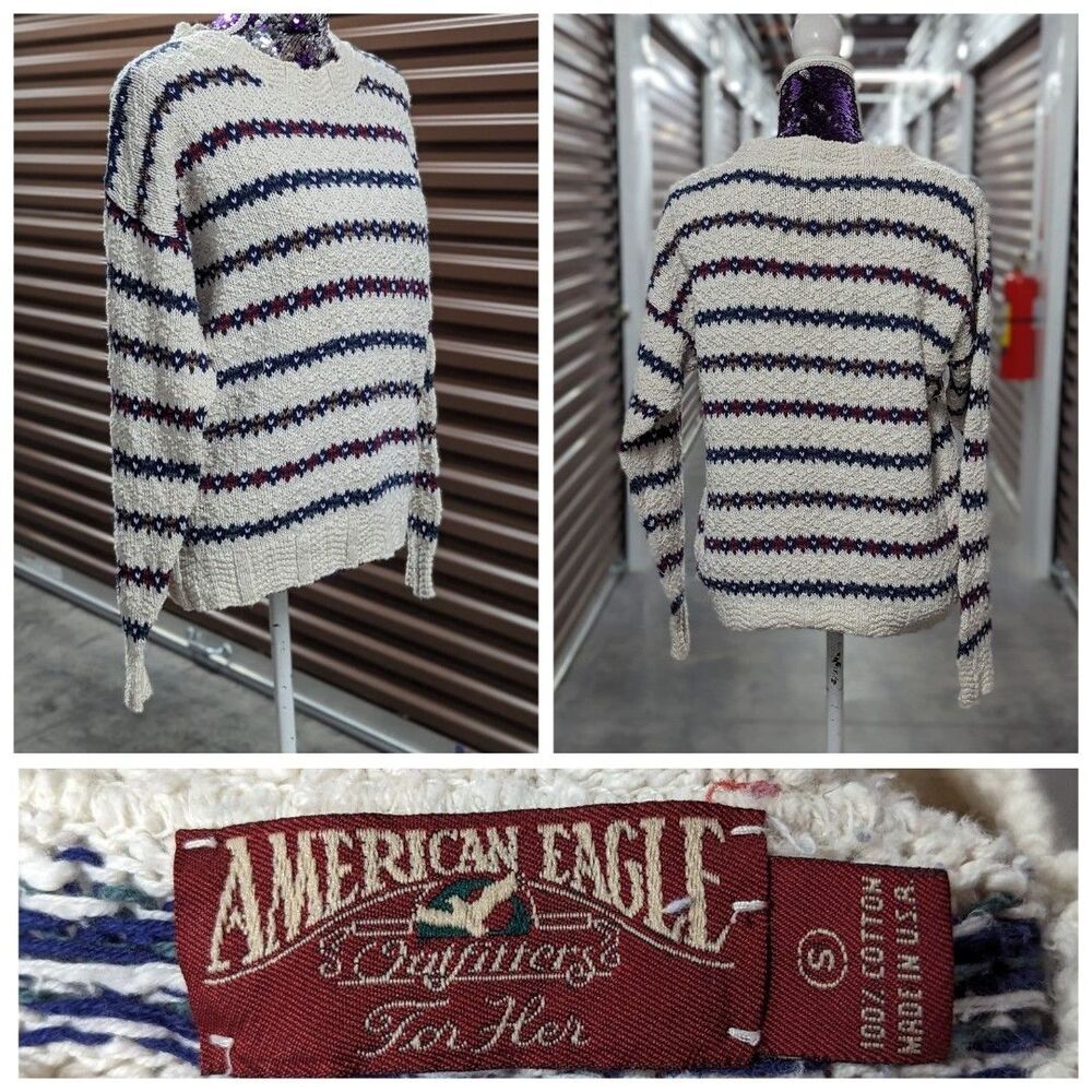 Vintage 90s Y2K American Eagle Cream Multicolor Striped Sweater Made in USA